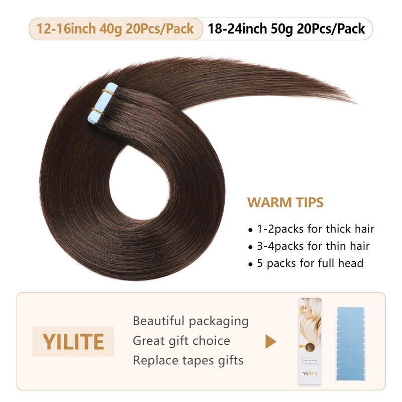 YILITE Tape in Human Hair Extensions 16 inches 20pcs 40g Silky Straight Tape in Hair Extensions Remy Human Hair #2 Dark Brown Hair Extensions(16 inch #2) - Image 4